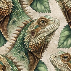 Magnificent Lizards Surrounded by Lush Tropical Foliage in Detailed Botanical Art Composition