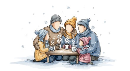 Cozy Winter Scene Family Enjoying Hot Drinks Together
