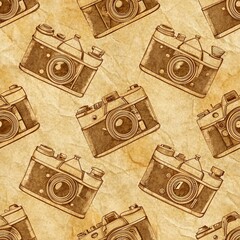 Repeating Pattern of Vintage Cameras on Textured Background in Retro Classic Photography Aesthetic