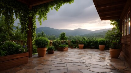 Obraz premium A dramatic outdoor terrace with potted plants and vines overlooks lush mountains under stormy dawn clouds