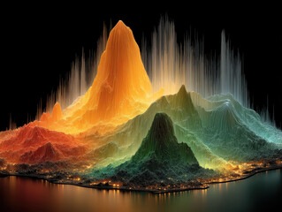 Colorful digital mountain landscape with vibrant glowing peaks and valleys emitting light and energy on a dark reflective surface, 3D abstract terrain visualization art