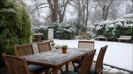 Wooden garden furniture covered in fresh snow on a tranquil winter day with falling snowflakes