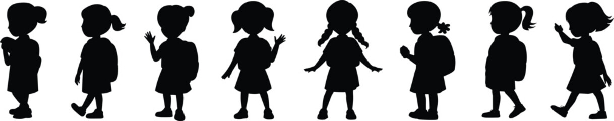 Silhouette, girls, children, standing, walking, waving, ponytail, pigtail, bun, dress, skirt, pose, gesture, diversity, hairstyle, motion, playful, group, row,