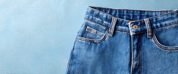 Close-up of blue denim jeans waist and pockets against textured light blue wall background with visible stitching and button detail