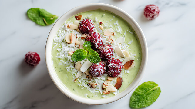 Healthy matcha smoothie bowl recipe home kitchen food photography bright setting wellness concept