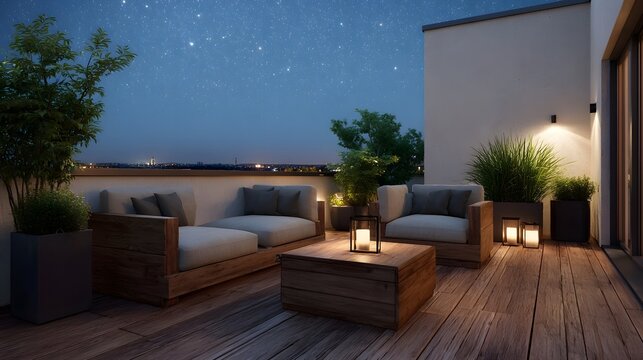 Inviting outdoor terrace with modern wooden furniture and lanterns under a starlit night sky