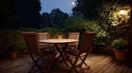 Obraz premium Tranquil wooden deck at night illuminated by moonlight and lantern with table and chairs amidst garden plants