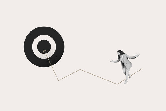 Collage showing creative concept of business growth and success with over rising arrow chart goal aim hitting center