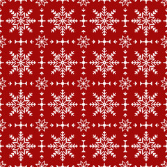 Christmas and New Year seamless pattern. White snowflakes and Christmas tree on red pixel pattern for winter hat,jumper,sweater, wrapping,fabric,border,rim,carpets, blankets, towels.	