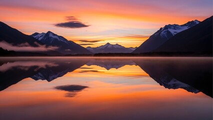Beautiful mountain lake landscape at sunset with reflection scenic nature photography image view