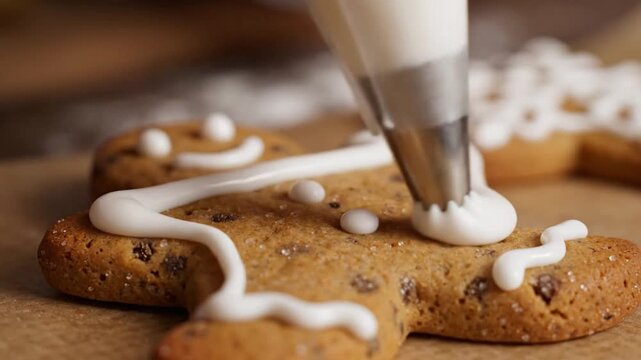 Decorating gingerbread man cookie with white frosting