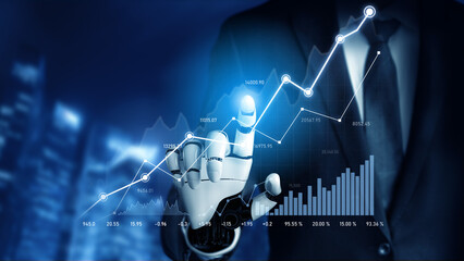 A modern businessman with a robotic hand interacts with financial market data through a digital interface showcasing growth and analysis in a dynamic corporate environment. Scalp