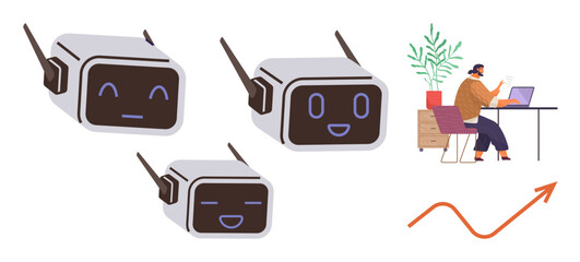 AI assistants with different expressions interact virtually while a remote worker uses a laptop in a home office. Ideal for technology, AI, productivity, remote work, human-computer interaction