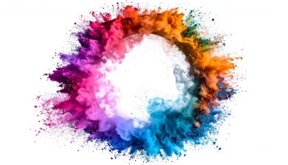 A vibrant ring of colorful powder bursts outwards on a white backdrop, encircling emptiness