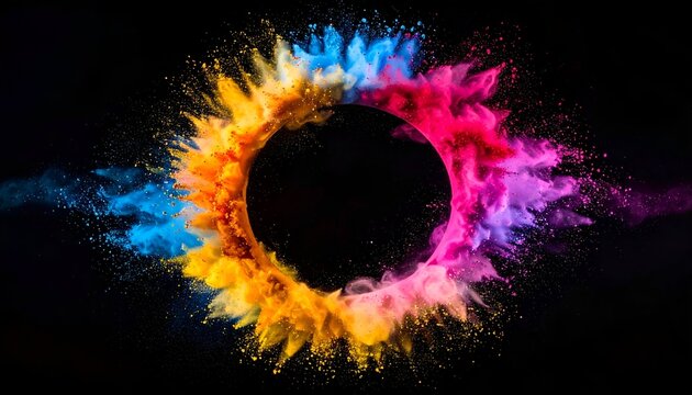 Vivid explosion of colorful powder surrounding a central black void on a dark backdrop