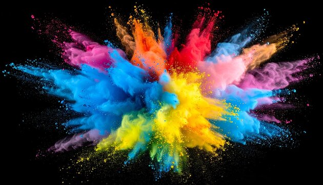 A vibrant explosion of colorful powder against a stark black background