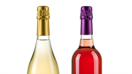 Wine bottles close up sparkling wine white wine rose wine gold and purple foil caps on white background isolated on transparent background