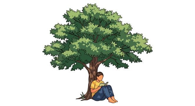 Young man enjoying a peaceful moment, sitting and reading a book under the shade of a vibrant green tree, connecting with nature and knowledge