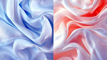 Obraz premium Abstract flowing fabric with soft folds and gentle curves, showcasing a blend of cool blue and warm pink tones.