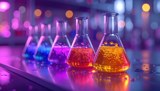 Polysaccharide Chain Laboratory: Glass beakers containing colorful polysaccharide solutions on laboratory bench
