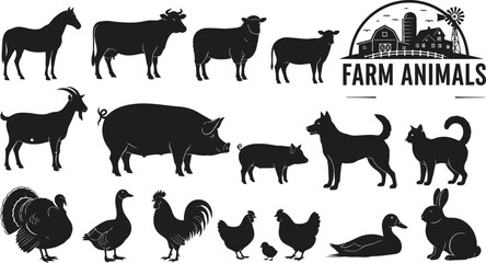 Farm animals silhouette collection horse goat pig dog cat and more