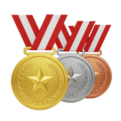 Three medals with a star and laurels on them. isolated illustration on  transparent background PNG