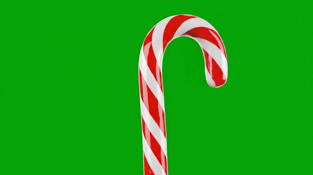 Candy cane with red and white stripes isolated on green