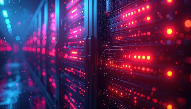 DDoS Network Attack Visualization: Glowing red data streams flooding network nodes in dark server room
