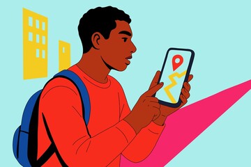 Man exploring city with gps navigation on smartphone outdoors