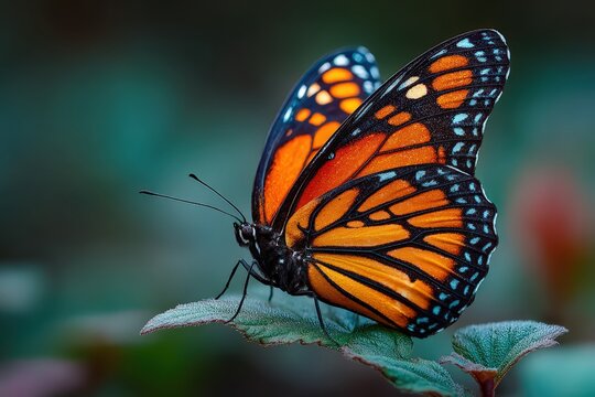Colorful butterfly resting on a leaf captured in macro detail