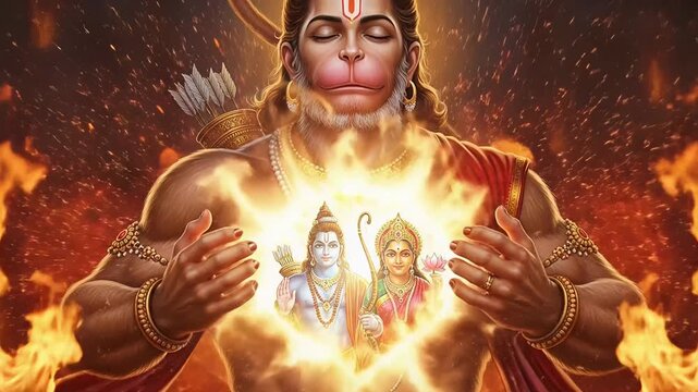 Devotion Unveiled Hanuman s Heart Revealing Rama and Sita in a Fiery Embrace, Celebrating Hanuman Jayanti