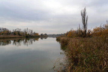 Calm river landscape in autumn showcasing serene waters and colorful foliage under cloudy skies