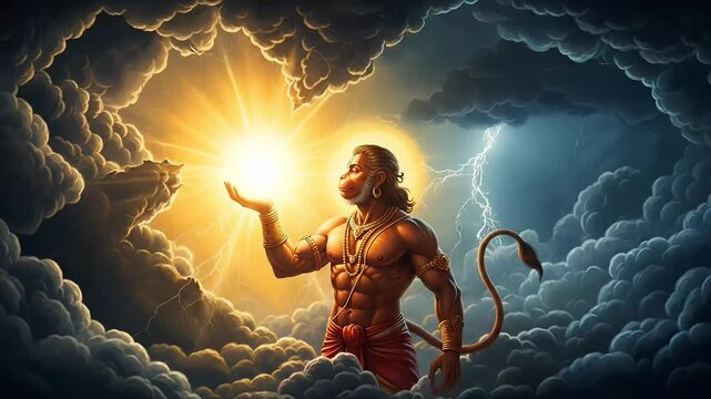 Divine Depiction of Lord Hanuman Holding the Sun, Celebrating Hanuman Jayanti, A Festival of Power and Devotion