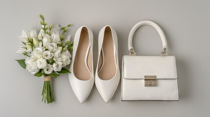 White handbag and elegant shoes with fresh white flowers flat lay on pastel background stylish feminine fashion accessories arrangement for social media blog and modern lifestyle branding