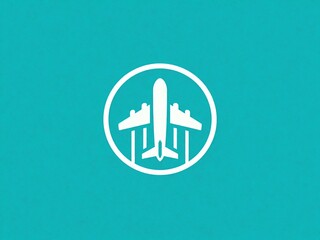 Iconic white airplane lifting off or descending, contained in a circle, set against a striking turquoise textured backdrop.