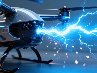 Sleek Futuristic EVTOL Vehicle Emitting a Powerful Blue Electrical Discharge and Radiant Sparks, Representing Advanced Energy Technology.