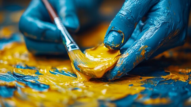 Hands covered in blue paint mix vivid colors, showcasing creativity and passion in the heart of an artistic endeavor