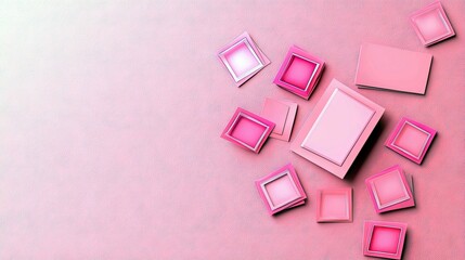 A collection of pink square and rectangular shapes are scattered across a pink textured background, creating a playful and abstract composition.