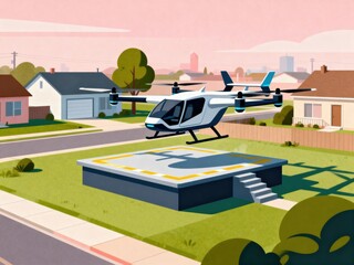 A sleek electric vertical takeoff and landing aircraft descends onto a futuristic landing pad in a vibrant suburban neighborhood, illustrating future urban air mobility.