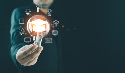 E-learning graduate certificate program concept. Man holding lightbulb showing education icon, Internet education course degree, study knowledge to creative thinking idea and problem-solving solution.