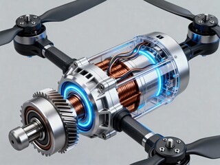 Precision engineering of an EVTOL propulsion system featuring an exposed electric motor, gearbox, and propeller on a neutral background.