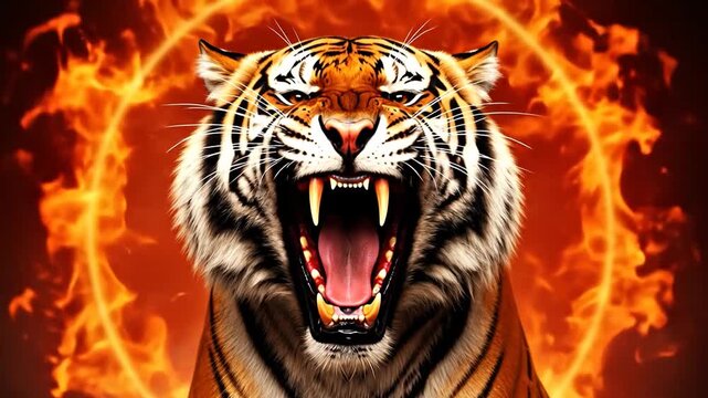 Fierce tiger roaring with fiery flames in the background, powerful animation