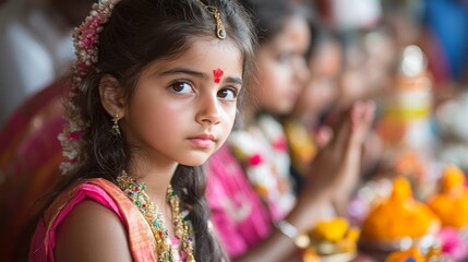 Fototapeta premium A young girl in traditional attire participates in a colorful cultural ritual, showcasing innocence and devotion