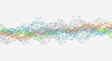 Complex network visualization with interconnected nodes and dynamic data flow representing