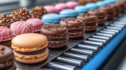 A vibrant display of fresh macarons in various colors and flavors lures dessert lovers in a chic patisserie