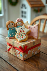 Cute decorated Christmas sugar cookies shaped like dolls and a star with sprinkles, stacked on a patterned gift box on a wooden table.