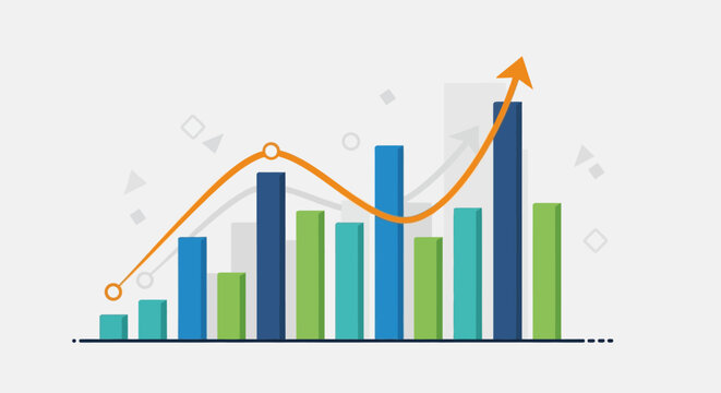 Growth analysis with ascending graph and colorful columns representing the increase process