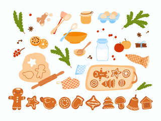 Christmas baking elements isolated on white. Preparing for the winter holidays, home baking in winter. Gingerbread cookies, ingredient cooking, decoration. Vector illustration set.