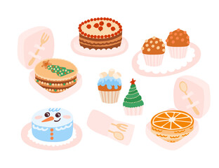 Bento cake set. Small sweets in boxes, sugar confectionery,  myffins and cupcakes, mini pastry. Christmas party in ofice. Hand drawn vector illustration isolated on white.