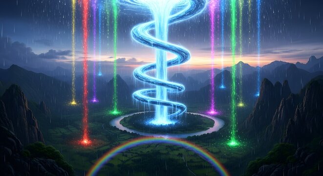 A vibrant fantasy landscape featuring a glowing blue spiral energy column emitting colorful light beams into a mystical valley surrounded by mountains. - Powered by Adobe